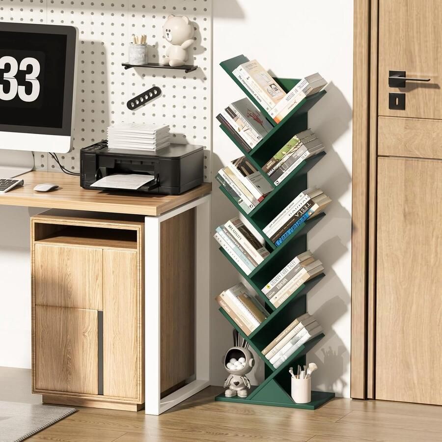 Boomvormige Boekenkast – Staand Boekenrek met 10 Niveaus voor Boeken Cd s en Tijdschriften Houten Kast voor Woonkamer Slaapkamer of Kantoor Groen