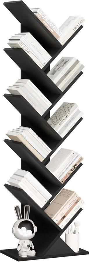 Boomvormige Boekenkast – Staand Boekenrek met 10 Niveaus voor Boeken Cd s en Tijdschriften Houten Kast voor Woonkamer Slaapkamer of Kantoor Zwart