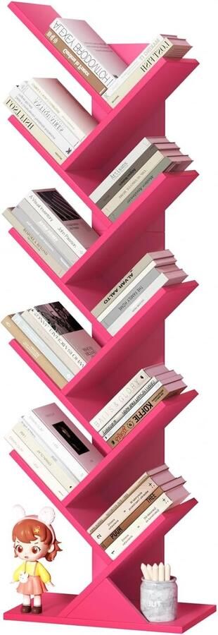 Boomvormige Boekenkast – Staand Boekenrek met 10 Niveaus voor Boeken Cd s en Tijdschriften Houten Kast voor Woonkamer Slaapkamer of Kantoor roze