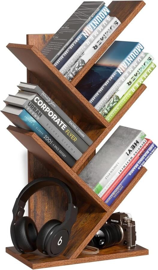 Boomvormige Boekenkast – Staand Boekenrek met 5 Niveaus voor Boeken Cd s en Tijdschriften Houten Kast voor Woonkamer Slaapkamer of Kantoor Bruin