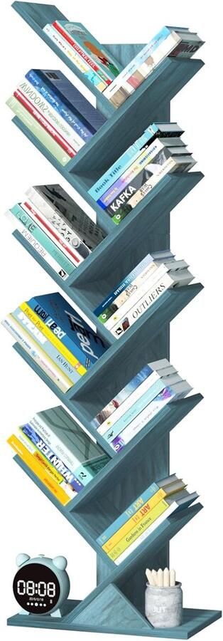 Boomvormige boekenkast staand rek met 10 niveaus voor boeken cd s en tijdschriften dvd-boekenkast van hout blauw voor woonkamer slaapkamer en thuiskantoor