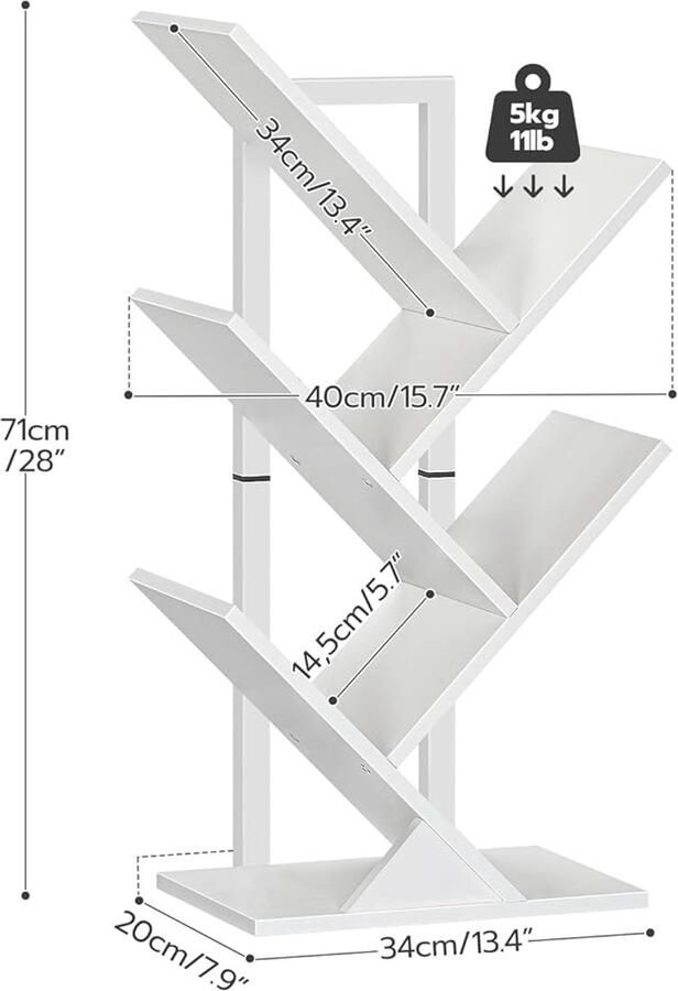 Boomvormige boekenkast – Staand rek met 4 niveaus stabiel en sterk ideaal voor woonkamer of thuiskantoor – Wit EWT04SJ01G1