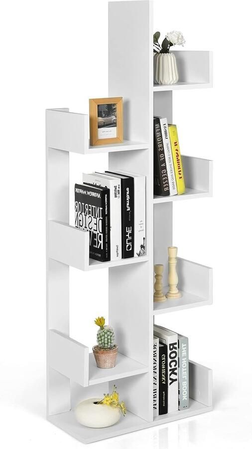 Boomvormige Boekenkast – Staand Rek met 8 Vakken Opbergplank voor Woonkamer Slaapkamer en Kantoor Wit (50 x 25 x 145 cm)