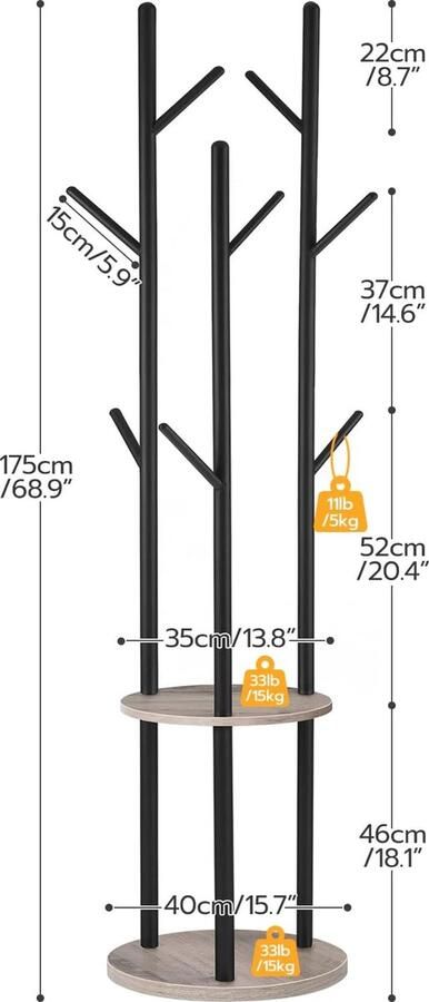 Garderobestandaard vrijstaand kledingrek garderobe in boomvorm met 8 haken 2 ronde planken voor kleding hoed tas woonkamer slaapkamer kantoor greige-zwart