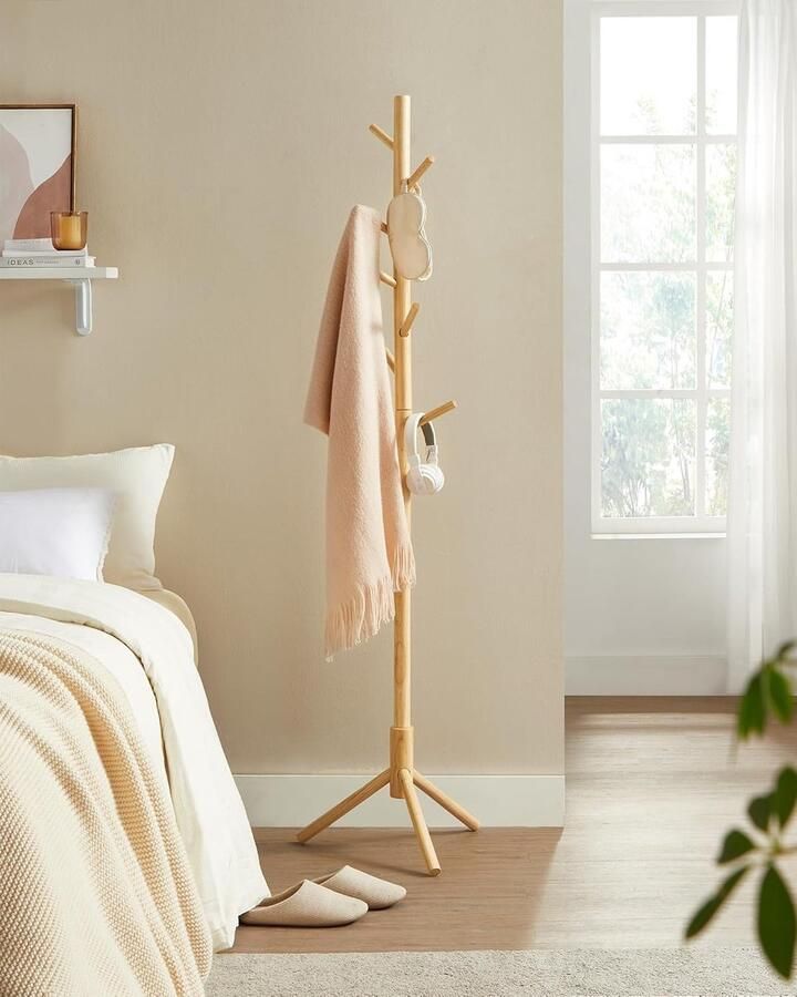Houten Kapstok Staand Scandinavisch Design 175 cm Hoog Garderobestandaard met 8 Haken Boomstam Kapstok voor Hal & Slaapkamer Natuurlijk Hout - Foto 2