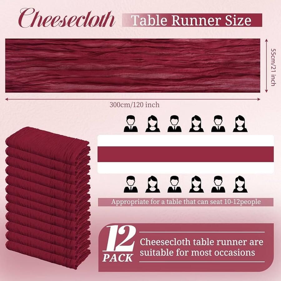 Bordeauxrode Tafelloper Boho-Gaas Set van 12 55 x 300 cm