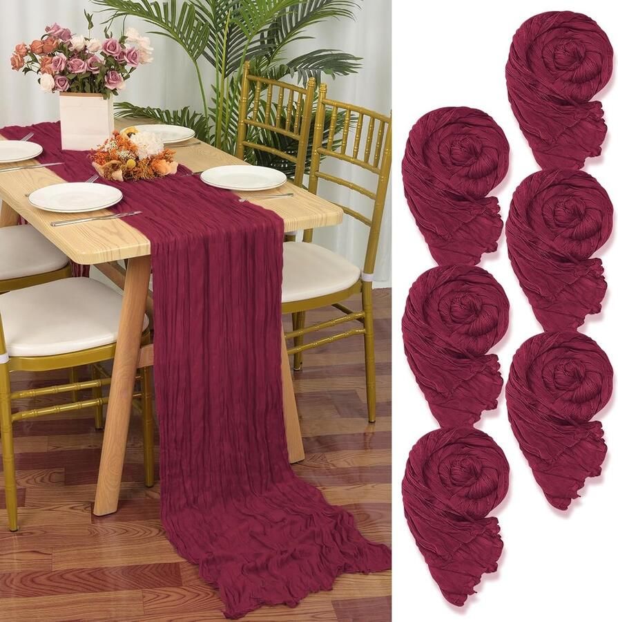 Bordeauxrode Tafellopers Set van 6 Katoen en Linnengaas 55 cm x 300 cm