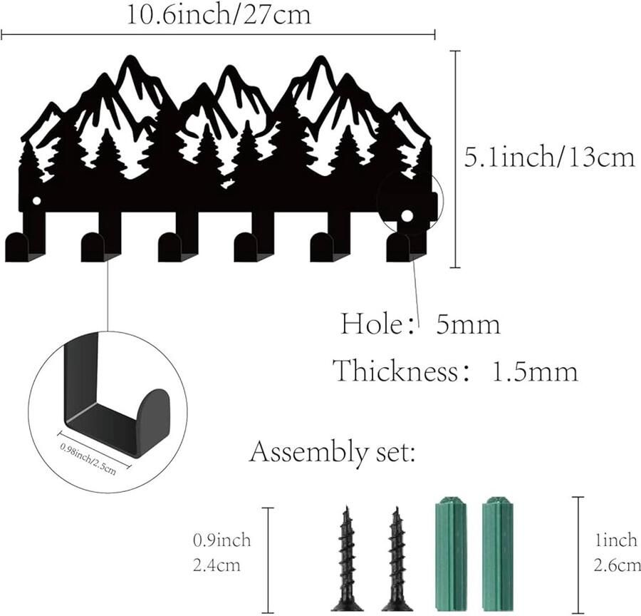 Bos Kapstok Wandgemonteerde Sleutelhouder Zwart Metalen Organizer 1 stuk 25x13 cm