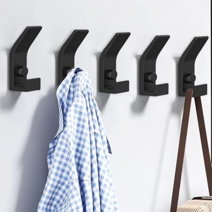 Bosontek 5 Stks Muurhaken Wandhaken met Schroeven Kapstokken Wandkleerhaken Dubbele Haak Hangers Wandmontage Haken Handdoekhaken voor Keuken Badkamer Kasten (Zwart)
