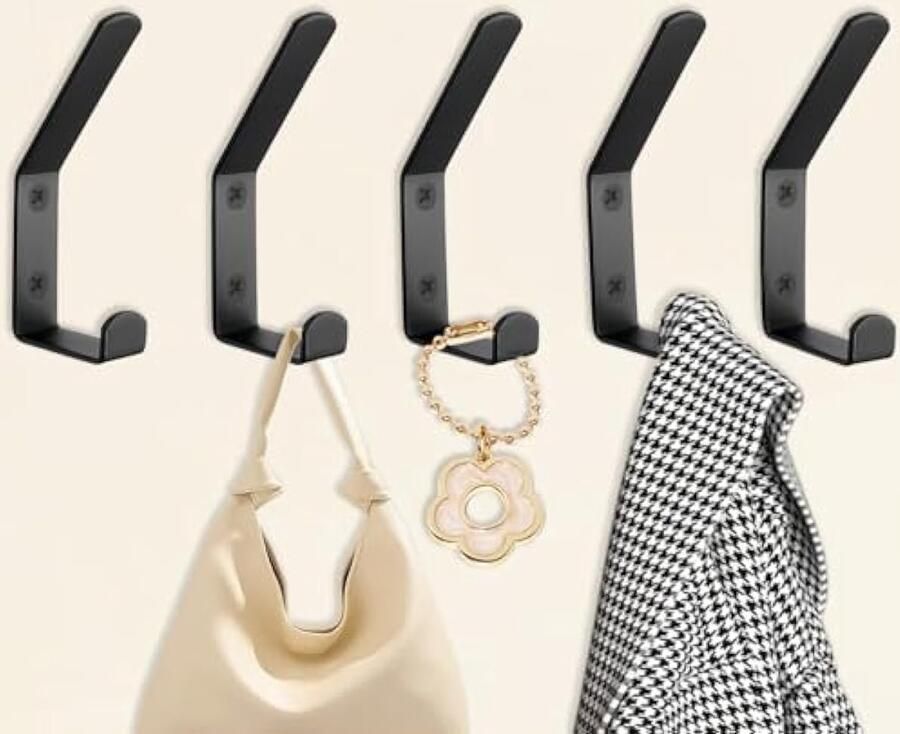 Bosontek 5 Stuks Muurhaken Mantelhaken met Schroeven Kapstokken Wandkleerhaken Dubbele Kledinghaken Wandmontage Haken Handdoekhaken voor Keuken Badkamer Kasten (Zwart)