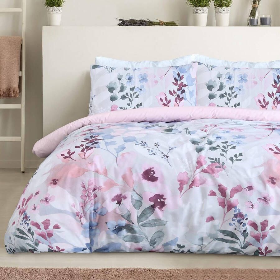 Botanische bladeren Bloemen Blush Roze Blauw Omkeerbaar dekbedovertrek Quilt kussenslopen Beddengoedset Zacht gemakkelijk te onderhouden tweepersoonsbed (200 cm x 200 cm)