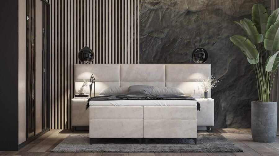 Geen merk boxspring sapri- 160x200- beige velvet- met vaste matras en topper 4cm -met opbergruimte- xl hoofdbord