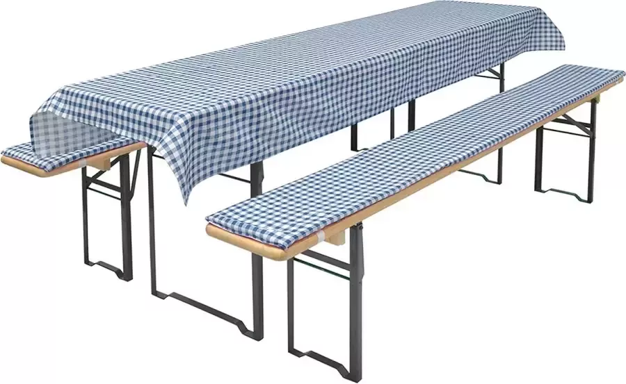 Brandsseller Bierbank editie (gevoerd) & tafelkleed in 3-delige set voor alle gangbare biertentsets 2 x kussens 220 x 25 x 1 6 cm & 1 x tafelkleed 240 x 70 cm blauw geruit