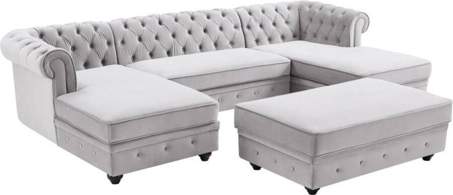 Brede hoekbank en poef van lichtgrijs velours CHESTERFIELD L 290 cm x H 72 cm x D 163 cm