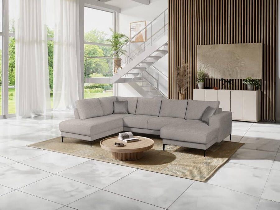 Brede hoekbank met hoek rechts van grijze stof ASELIO L 309 cm x H 83 cm x D 200 cm