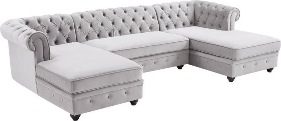 Brede hoekbank van lichtgrijs velours CHESTERFIELD L 290 cm x H 72 cm x D 163 cm