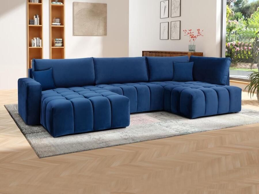 Brede hoekslaapbank met hoek links van nachtblauw velours ESILIA II L 350 cm x H 95 cm x D 180 cm