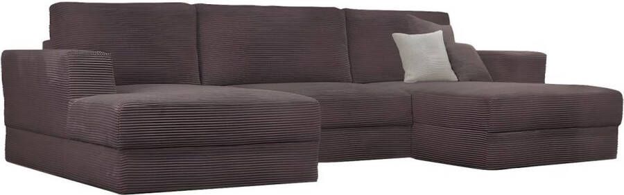 Brede hoekslaapbank van taupegrijs ribfluweel CURIPINA L 300 cm x H 88 cm x D 165 cm - Foto 1