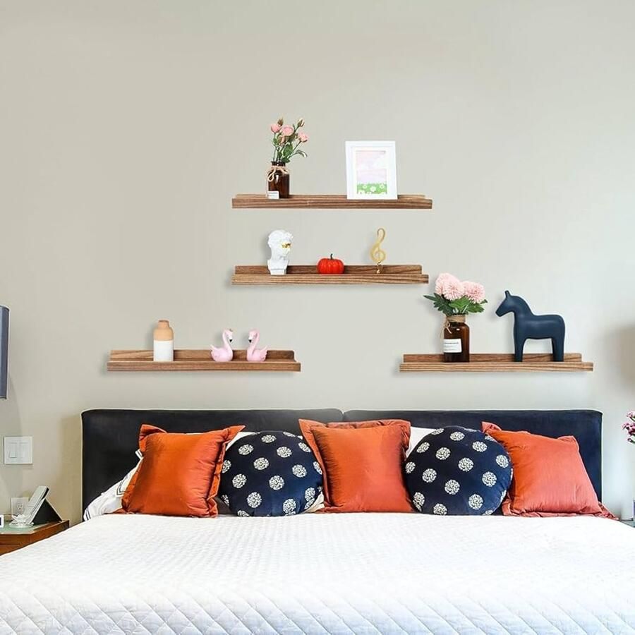 Brede Houten Wandplank Vintage Drijvende Plank Set van 4 Zwart Hout 60 x 13 x 40 cm