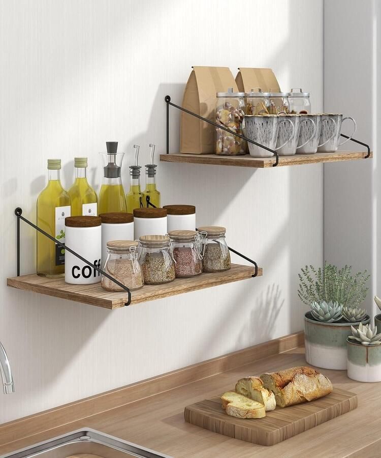 Brede rustieke zwevende planken diep houten 12 inch wandplank grote wandorganizer opbergplanken met beugel voor slaapkamer badkamer woonkamer keukenaccessoires set van 2 Afuly Beside shelf - Foto 2