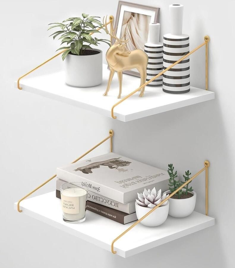 Brede Zwevende Planken Gouden Beugel Wit Houten Wandplank 30 Cm Diep Grote Wandorganizer Voor Slaapkamer Badkamer