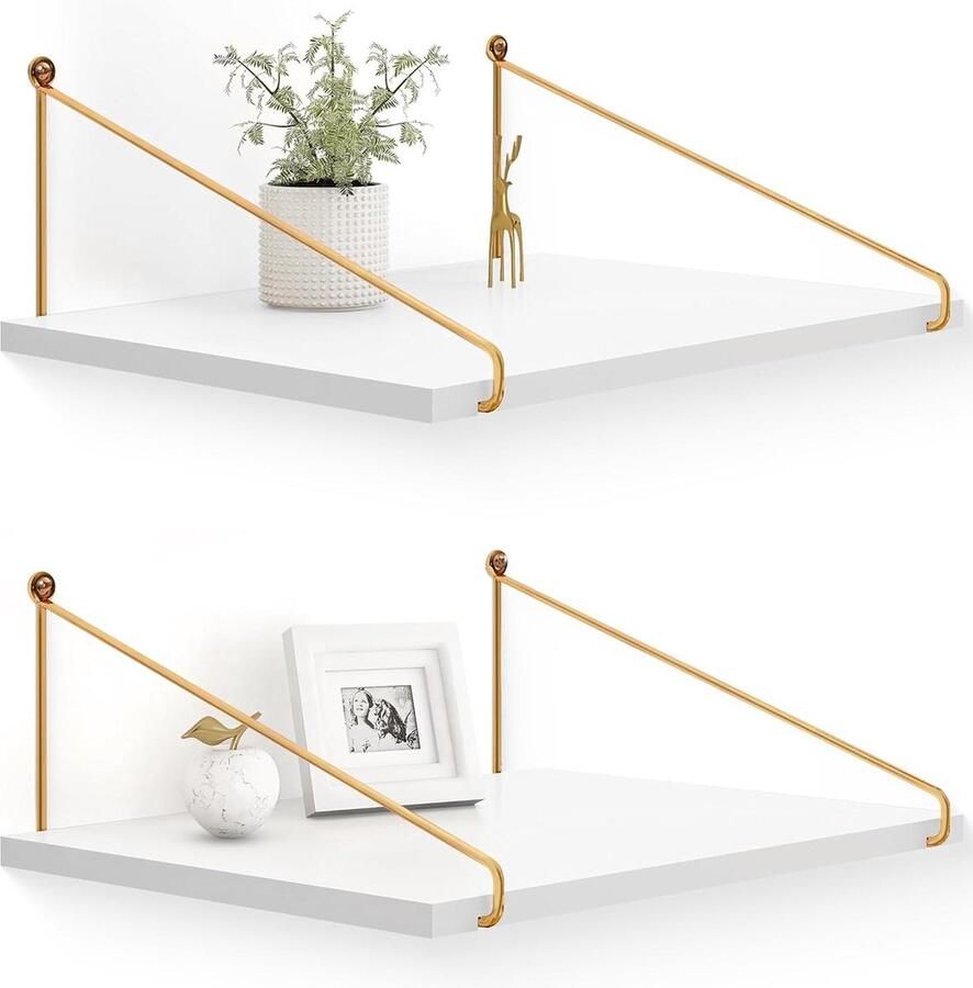 Brede zwevende planken wandplank met gouden beugel set van 2 wit hout 30 cm diep