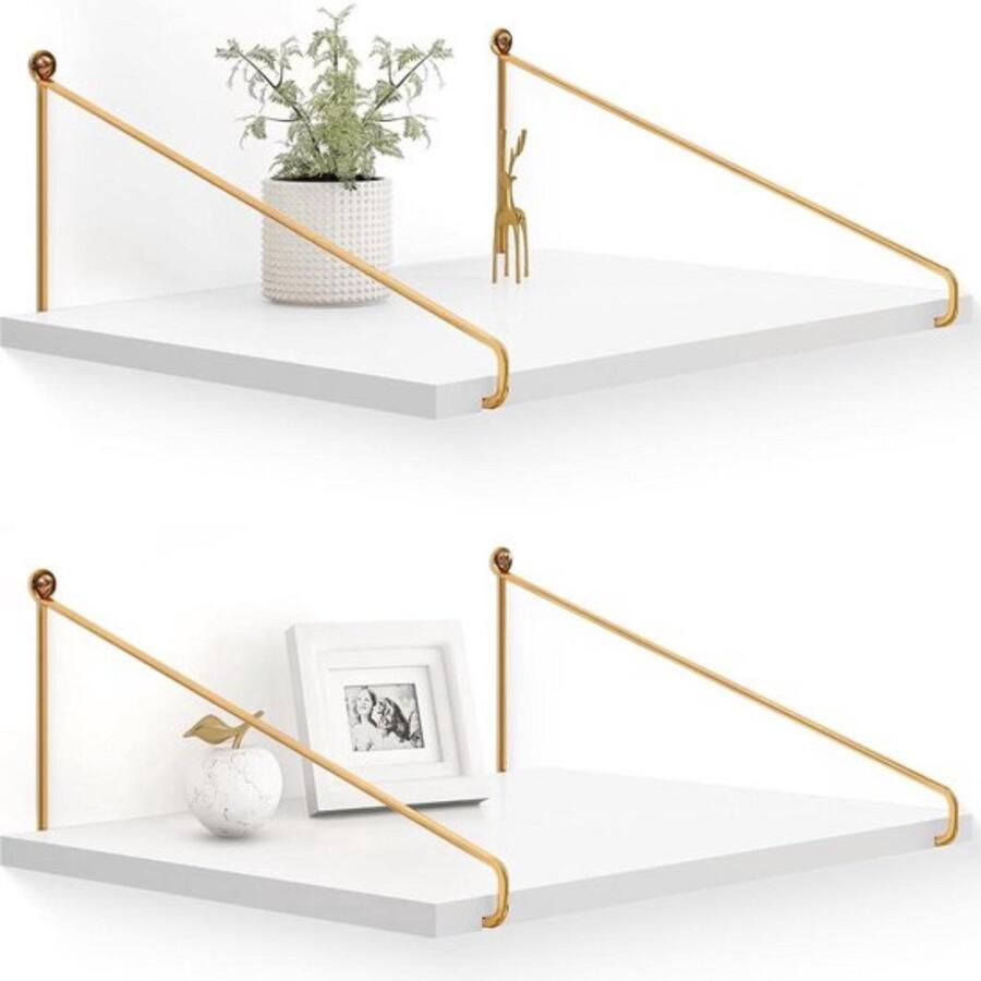 Brede zwevende planken wandplank met gouden beugel set van 2 wit hout 30 cm diep