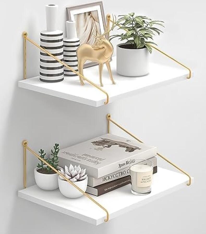 Brede Zwevende Planken Wit Houten Wandplank met Gouden Beugel Grote Wandorganizer 30 cm Diepe Opbergplanken Set van 2