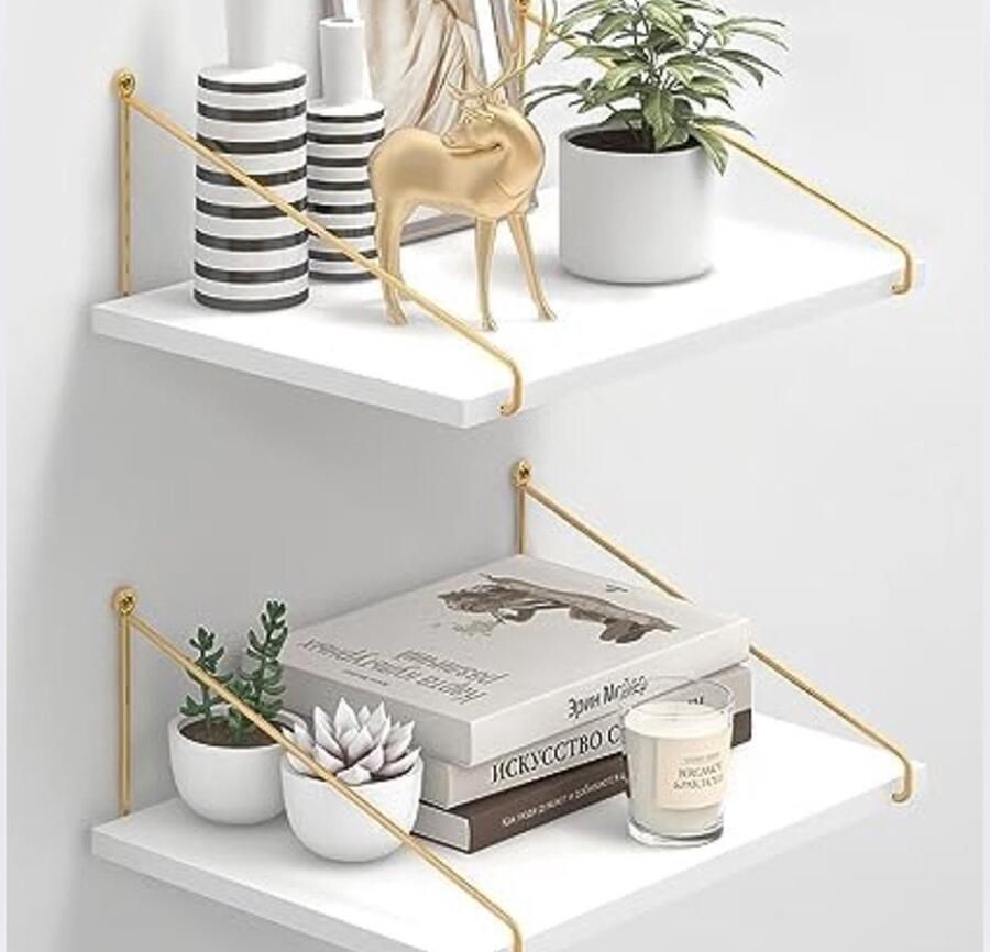 Brede Zwevende Planken Wit Houten Wandplank met Gouden Beugel Grote Wandorganizer 30 cm Diepe Opbergplanken Set van 2