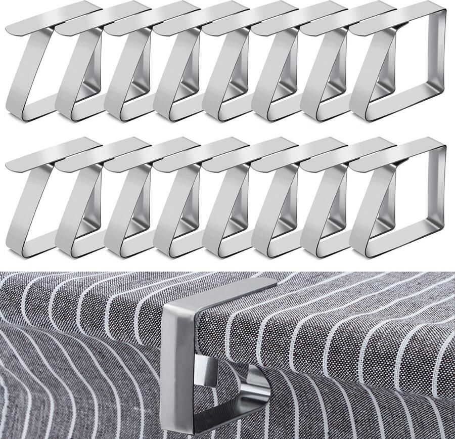 Brelet 16 roestvrijstalen tafelkleedklemmen 5 x 4 cm tafelkleedhouder. Tafelkleedgadget. Veerklem voor tafelkleed onzichtbaar voor picknicks in de buitenlucht (voor tafels tot 3 cm dik)