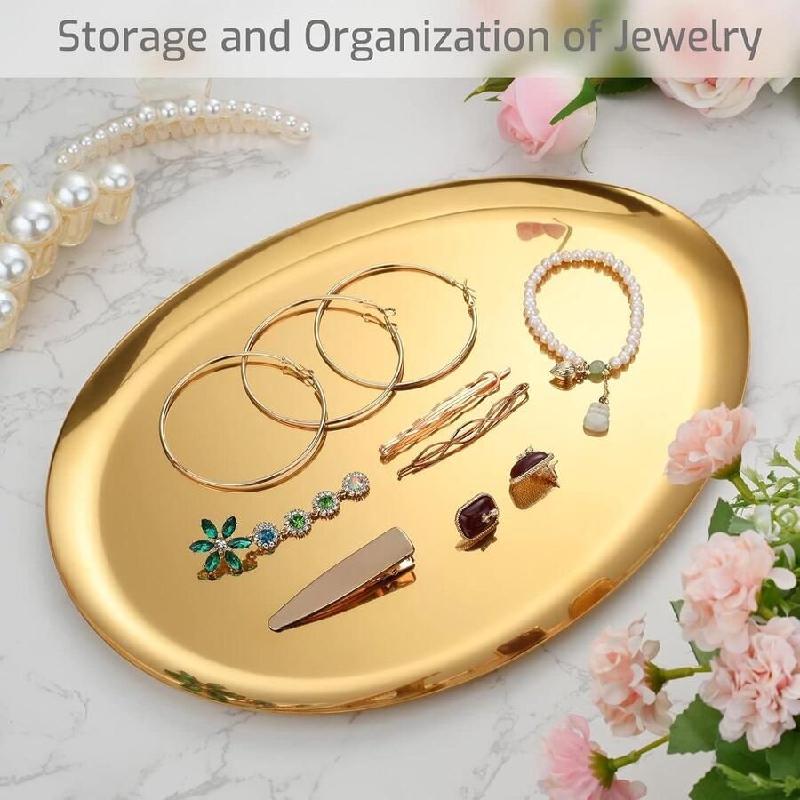 Brenzoos Goudkleurig roestvrijstalen badkamer dressoir met opberglade Eivormig ontwerp Multifunctionele opslaglade voor sieraden en cosmetica Decoratieve lade 32 cm lengte Goudkleurig 1 stuk