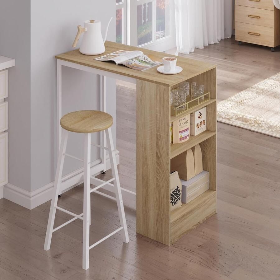 Bistrotafel met 3 planken Metalen en houten bartafel 91 x 49 x 91 cm Licht eiken en wit