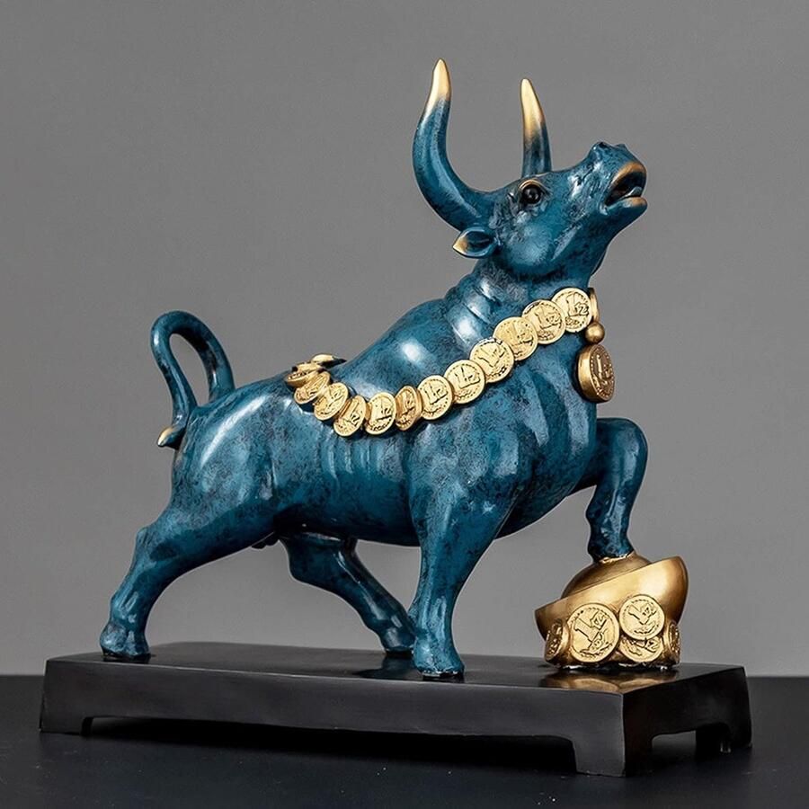 Bronzen beeld stierhars decoratie kantoordecoratie stier en beer figuren woonkamer decoratie standbeeld geschikt voor slaapkamer studeerkamer wijnkast kantoor kunstcadeau blauw 27 x 13 x 27 cm
