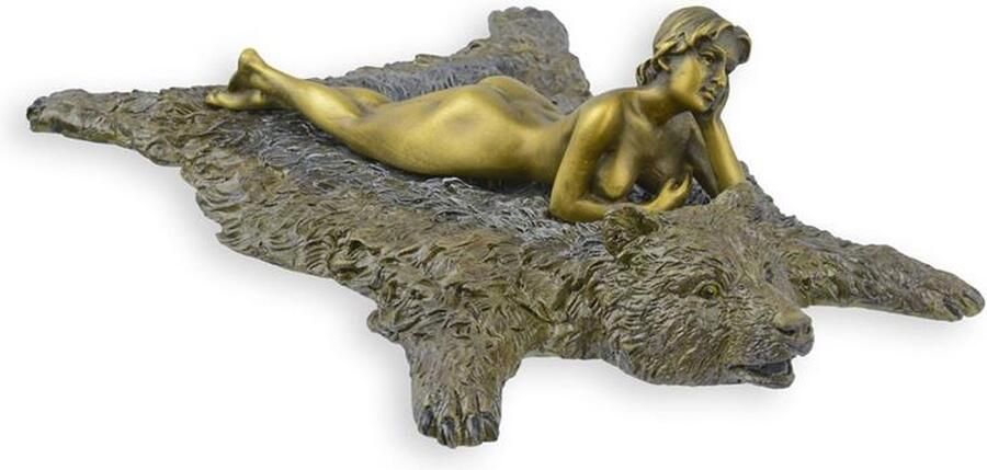 Bronzen beeld Vrouw op Berenvel – Beeld & Sculptuur – bronzen sculptuur figuratief art deco – handgegoten kwaliteit – gedetailleerde afwerking – compact voor dressoir – ±19 3x12 9x4 9 cm – Brons