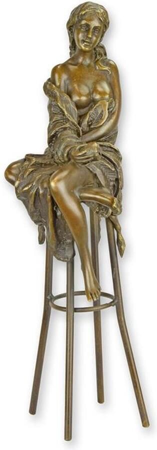 Bronzen sculptuur dame op barkruk – Beeld & Woondecoratie – bronzen beeld vrouw figuratief kunstobject – luxe blikvanger – gedetailleerde afwerking – geïntegreerde standaard – 26 2 cm hoog – brons