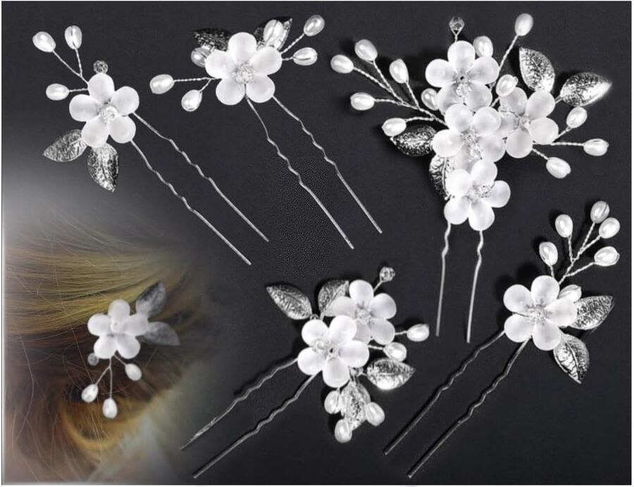 Bruidshaaraccessoires set 5 stuks bloemenkralen U-vormige haarkam (zilverkleurig) voor bruiloft