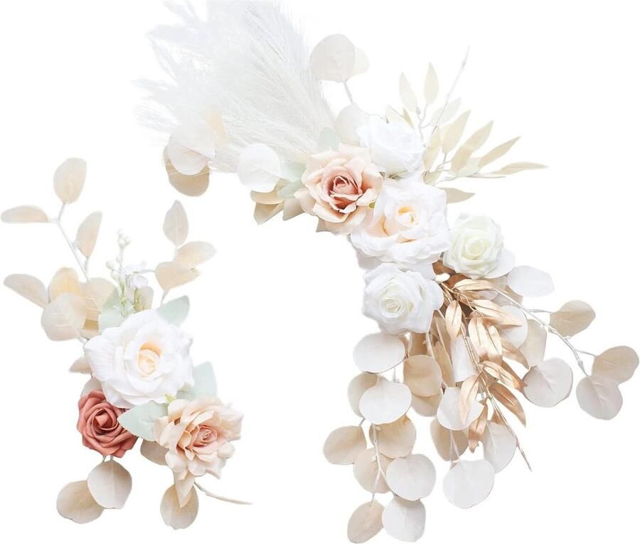 Bruiloft Boog Bloemen Kunstmatige Witte Rose Bloem Swag Zilveren Bladeren Pampas Gras Stoel Arbor Arrangement Wit Roze 255x11 inch 156x59 cm