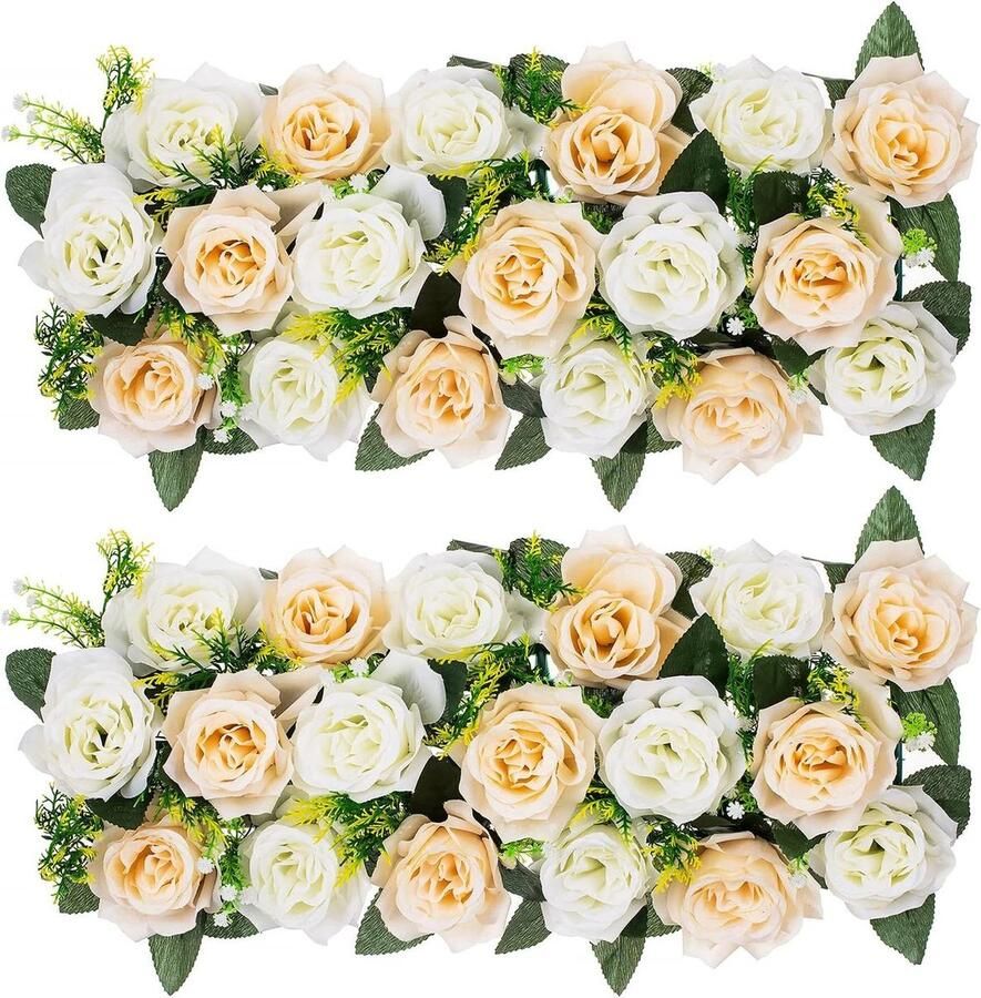 Bruiloft Centerpieces Decoraties Kunstbloemen Nep Bloemen 2 Stks Champagne & Witte Zijde Bloemstuk Dinning Tafelloper Middelpunt Rose Bloem voor Kamer Receptie Tafel Decor