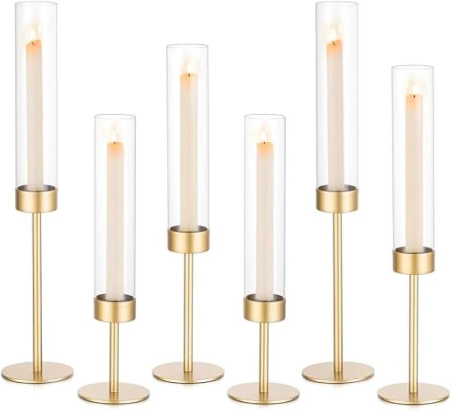 Bruiloft kandelaarhouder grenen: 6 stuks gouden kandelaar middelpunt voor tafel Vintage kandelaarhouder met glazen hartje voor Kerstmis Verjaardagsfeestje Jubileum Decor