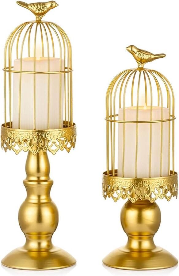 Bruiloft Vogelkooi Kaarsenhouder Gouden Vintage Kandelaar Houders Set van 2 voor Bruiloft Kaars Centerpieces voor Tafels Iron Shabby Chic Pijler Kaarsenhouder voor Bruiloft Party Baby Shower