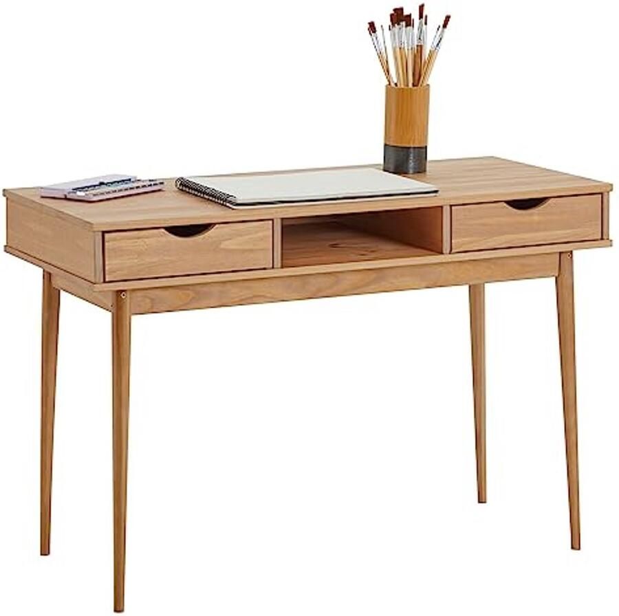 Bruin Houten Bureau met 2 Lades en Conische Poten Functioneel en Stijlvol Werk Tafel