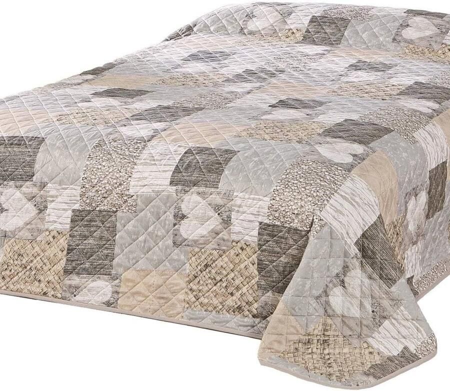 Bruine Bedsprei 240x260 cm met Harten Motief voor Tweepersoonsbed Patchwork Design