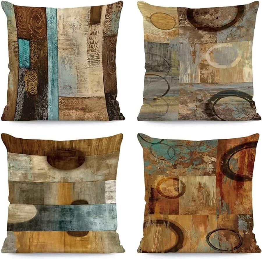 Bruine decoratieve kussenslopen 18x18 Set van 4 kussenslopen in de kleur blauwgroen. Moderne geometrie en abstracte kunst. Decoratieve kussens voor woonkamer slaapkamer bank buitenkussenhoezen