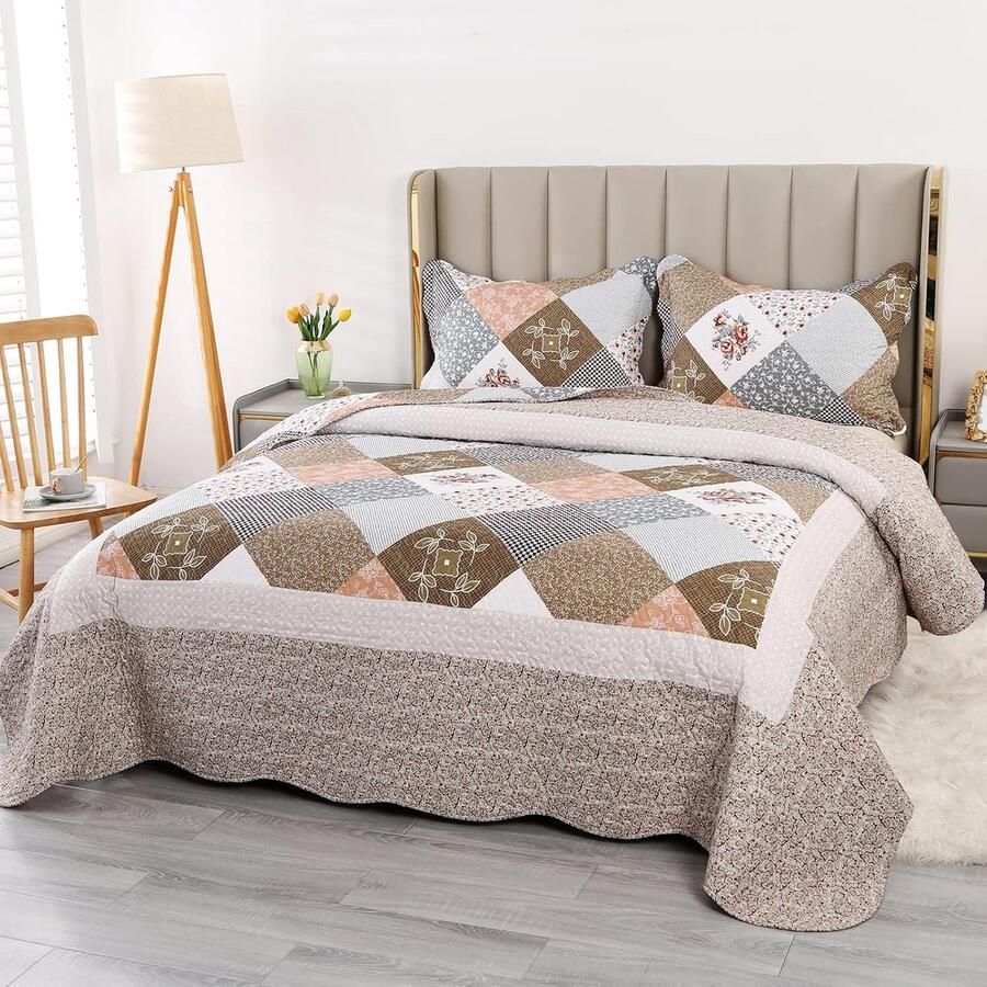 Bruine gewatteerde sprei kingsize zachte microvezel katoen vintage patchwork bed spreid bloempatroon lichtgewicht spreien sprei set met kussenslopen 230 x 250 cm