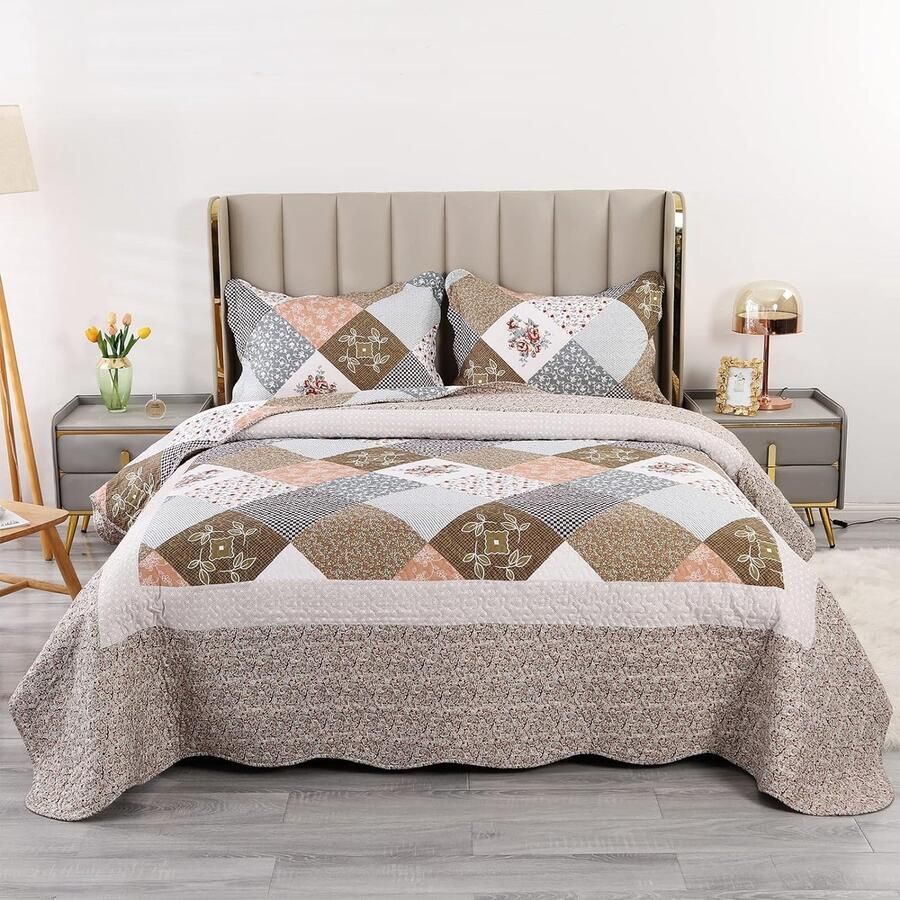 Bruine gewatteerde sprei super kingsize zachte microvezel vintage patchwork bed spreidt bloempatroon lichtgewicht spreien sprei set met kussenslopen 250 x 270 cm