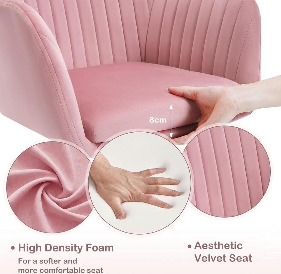 BS166rs Bureaustoel Ergonomische Thuiskantoorstoel Hoogte Verstelbaar Make-upstoel met Armleuningen Draaistoel met Wielen Fluwelen Stoel Metalen Frame Draagvermogen 150 kg Roze