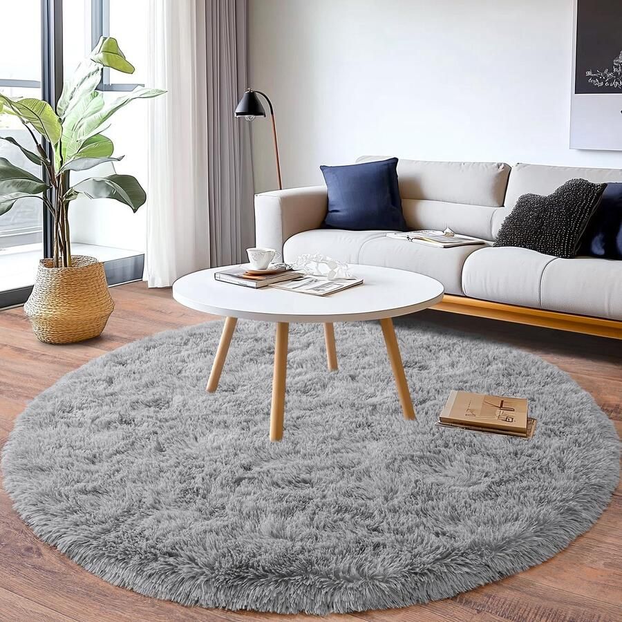 BSGIFT Grijs tapijt rond 120 cm Shaggy tapijt met dikke pool pluizig en antislip voor woonkamer slaapkamer kinderkamer Modern rond langpolig tapijt met bont nachtkastje