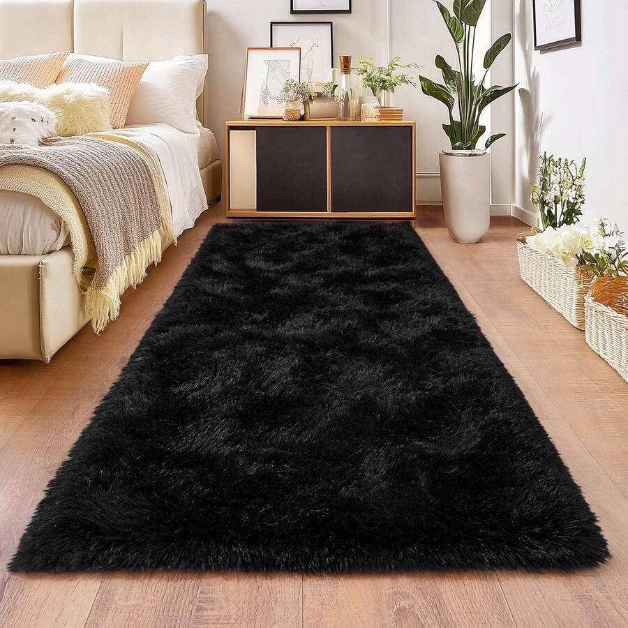 BSGIFT Hoogpolig tapijt 80x150 Zwart pluizig shaggy langpolig tapijt antislip modern hoogpolig tapijt nachtkastjes voor slaapkamer en woonkamer