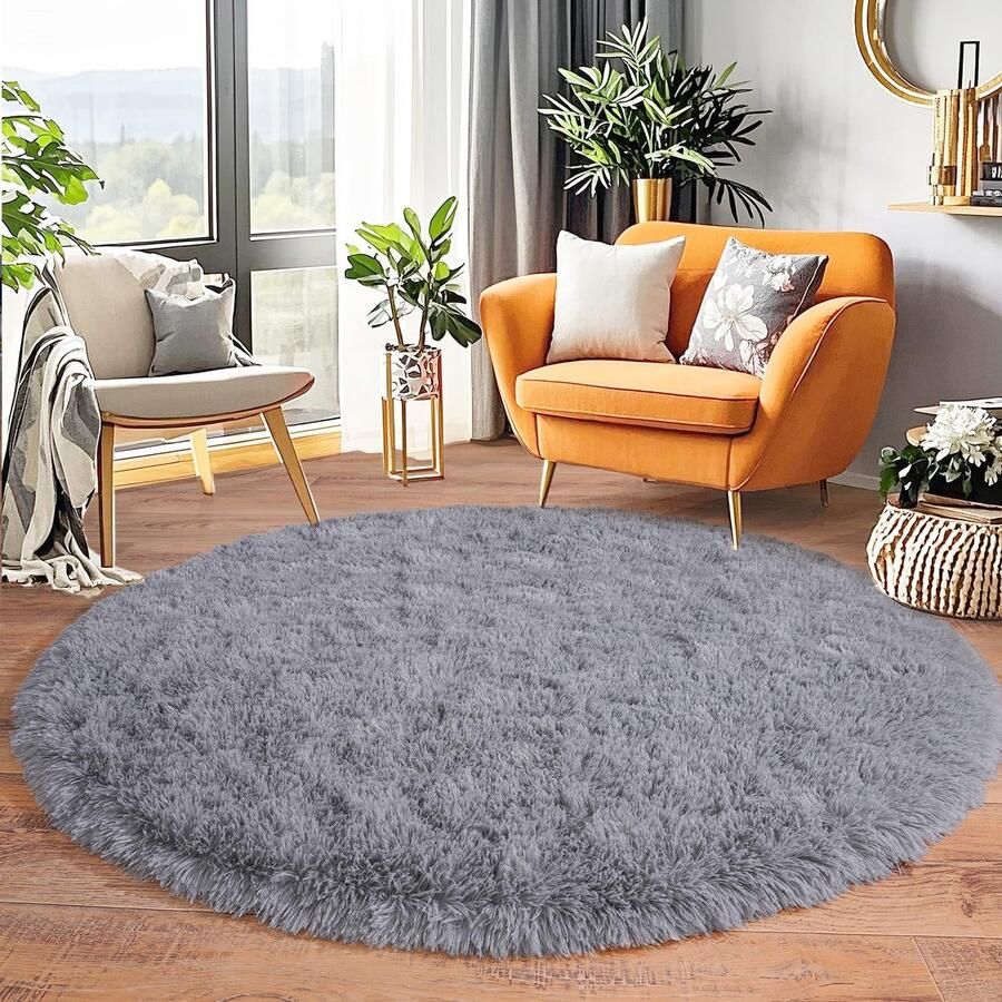 BSGIFT Rond vloerkleed 100 cm Grijs Shaggy Hoogpolig Vloerkleed Woonkamer Pluizig Modern Hoogpolig Knuffelbaar Vloerkleed Woonkamer Vloerkleed Nachtkastje Vloerkleed Hoogpolig Tapijt Antislip voor Kinderkamer Slaapkamer