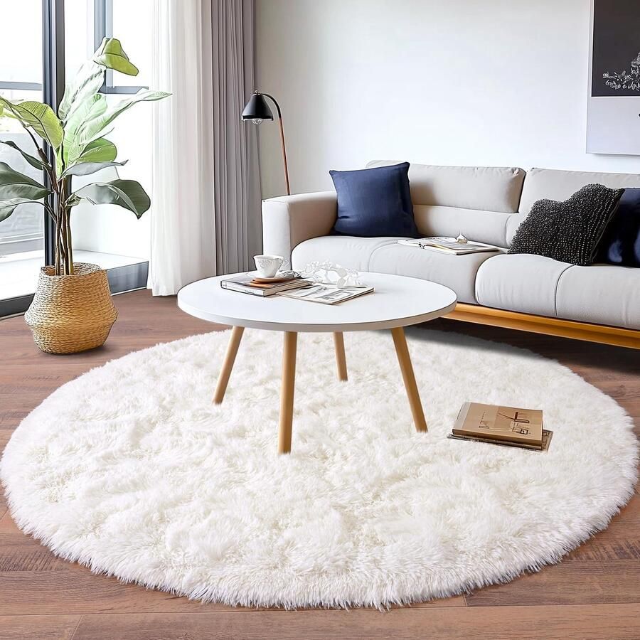 BSGIFT Rond vloerkleed 160 cm diameter shaggy hoogpolig vloerkleed crèmekleurig pluizig langpolig knuffelbaar vloerkleed woonkamer vloerkleed hoogpolig tapijt antislip voor woonkamer kinderkamer slaapkamer